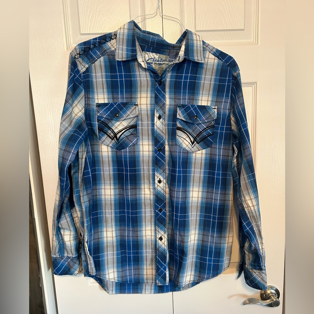 Chals Shirt Mens Large Blue Plaid Long Sleeve Western Pearl Snap Button Down‎